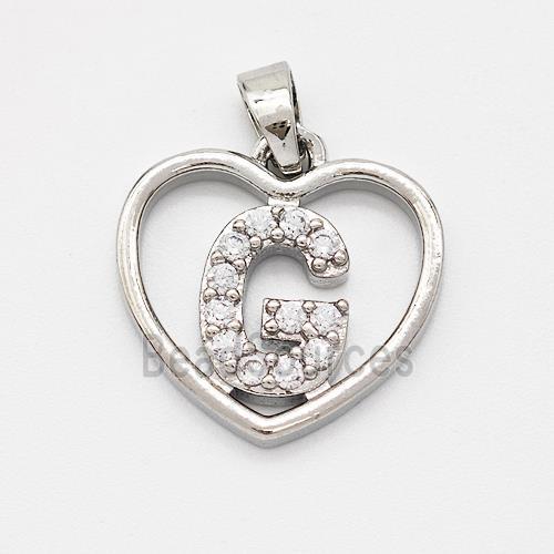 Copper Heart Pendant Pave Zirconia Letter-G Platinum Plated