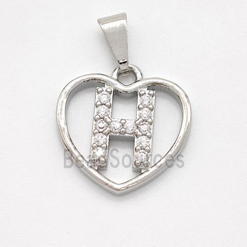 Copper Heart Pendant Pave Zirconia Letter-H Platinum Plated