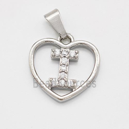 Copper Heart Pendant Pave Zirconia Letter-I Platinum Plated