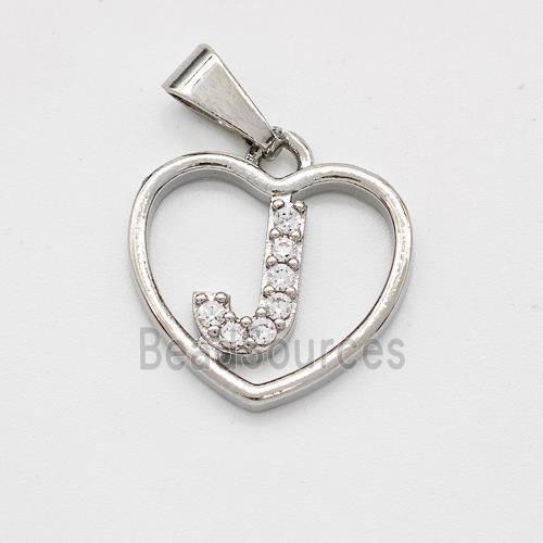 Copper Heart Pendant Pave Zirconia Letter-J Platinum Plated