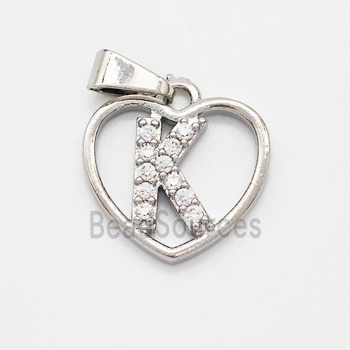 Copper Heart Pendant Pave Zirconia Letter-K Platinum Plated