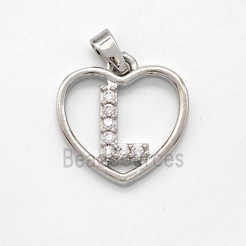 Copper Heart Pendant Pave Zirconia Letter-L Platinum Plated