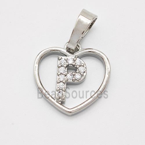 Copper Heart Pendant Pave Zirconia Letter-P Platinum Plated