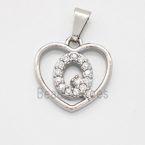 Copper Heart Pendant Pave Zirconia Letter-Q Platinum Plated