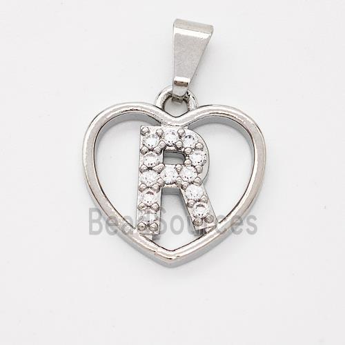 Copper Heart Pendant Pave Zirconia Letter-R Platinum Plated