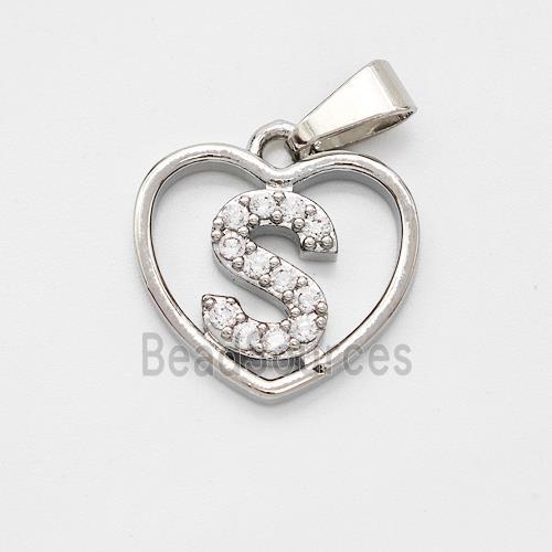 Copper Heart Pendant Pave Zirconia Letter-S Platinum Plated