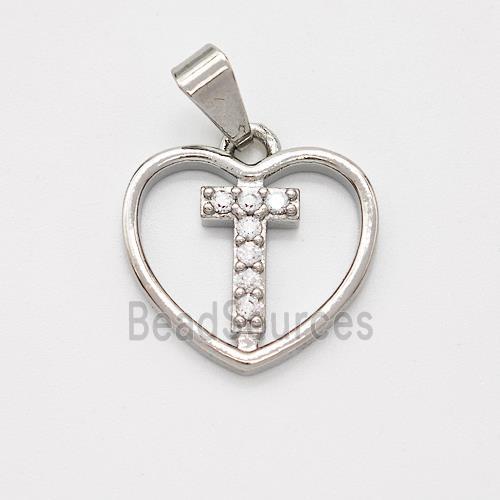 Copper Heart Pendant Pave Zirconia Letter-T Platinum Plated