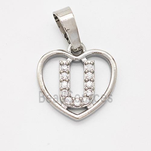 Copper Heart Pendant Pave Zirconia Letter-U Platinum Plated