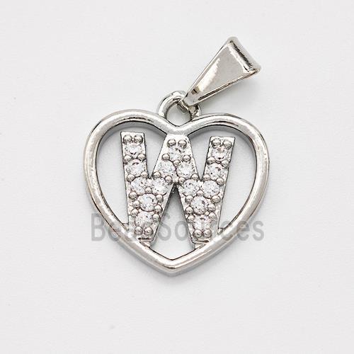 Copper Heart Pendant Pave Zirconia Letter-W Platinum Plated