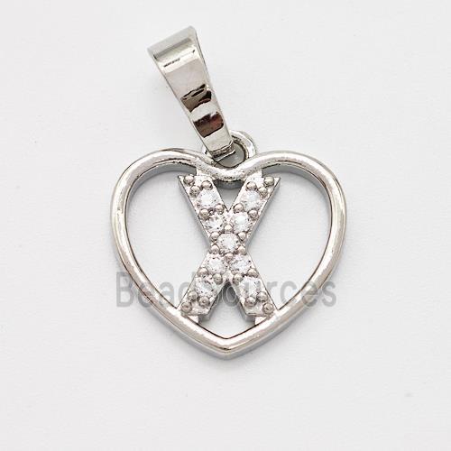 Copper Heart Pendant Pave Zirconia Letter-X Platinum Plated