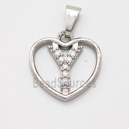 Copper Heart Pendant Pave Zirconia Letter-Y Platinum Plated