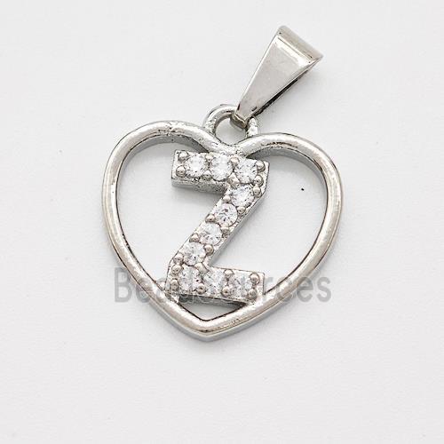 Copper Heart Pendant Pave Zirconia Letter-Z Platinum Plated