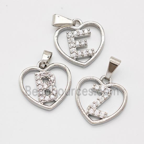 Copper Heart Alphabet Pendant Pave Zirconia Mixed Letters Platinum Plated