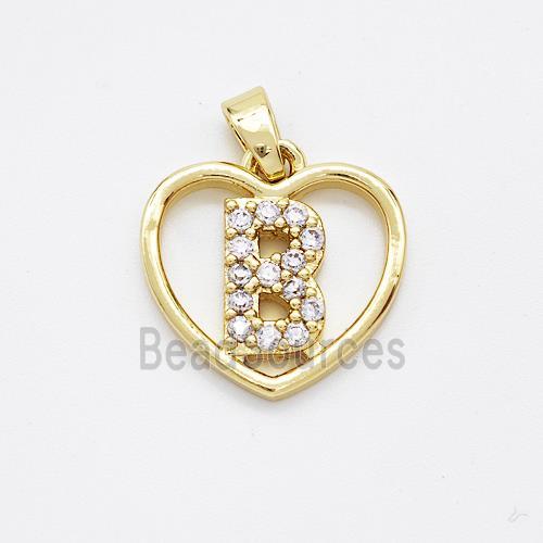 Copper Heart Pendant Pave Zirconia Letter-B Gold Plated