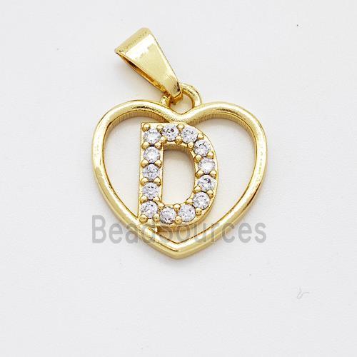 Copper Heart Pendant Pave Zirconia Letter-D Gold Plated