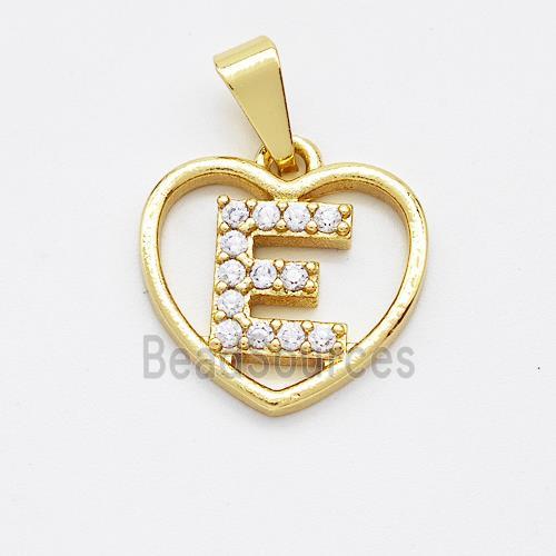 Copper Heart Pendant Pave Zirconia Letter-E Gold Plated