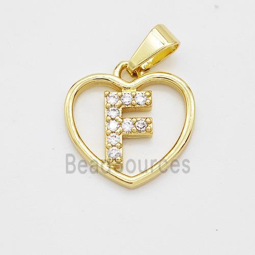 Copper Heart Pendant Pave Zirconia Letter-F Gold Plated