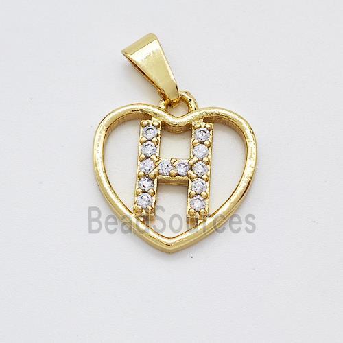 Copper Heart Pendant Pave Zirconia Letter-H Gold Plated