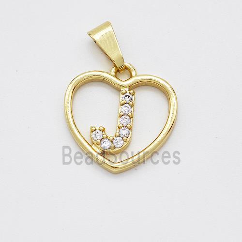 Copper Heart Pendant Pave Zirconia Letter-J Gold Plated