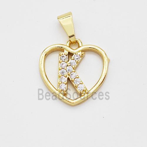 Copper Heart Pendant Pave Zirconia Letter-K Gold Plated