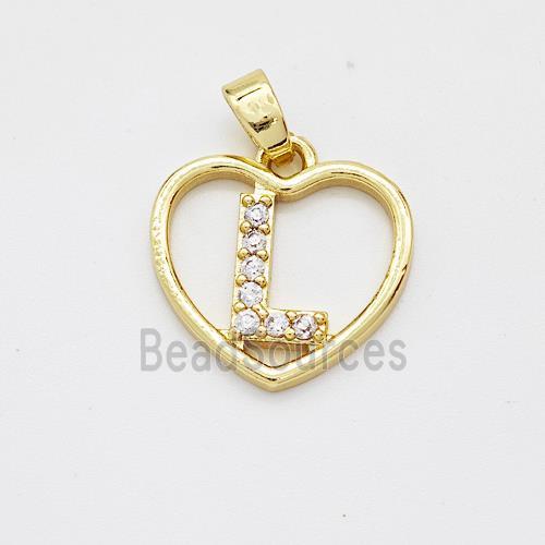 Copper Heart Pendant Pave Zirconia Letter-L Gold Plated