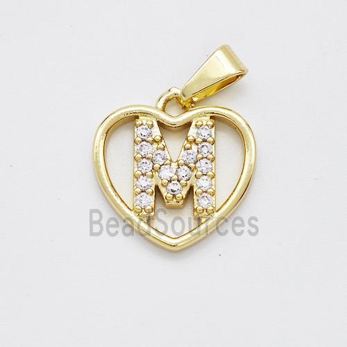 Copper Heart Pendant Pave Zirconia Letter-M Gold Plated