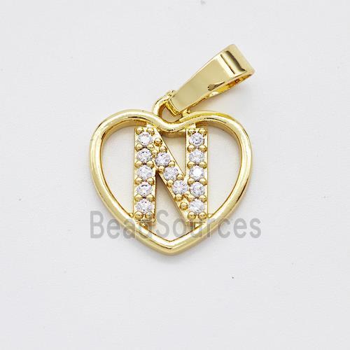 Copper Heart Pendant Pave Zirconia Letter-N Gold Plated