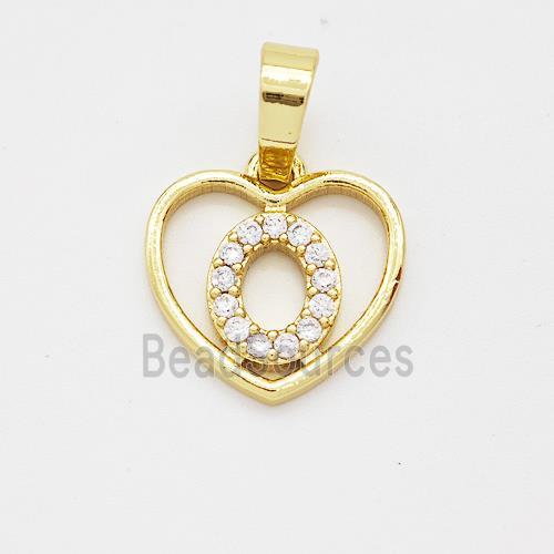 Copper Heart Pendant Pave Zirconia Letter-O Gold Plated