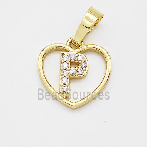 Copper Heart Pendant Pave Zirconia Letter-P Gold Plated