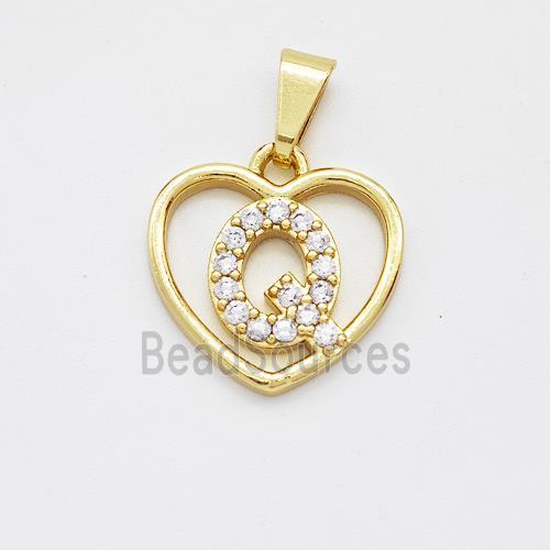 Copper Heart Pendant Pave Zirconia Letter-Q Gold Plated