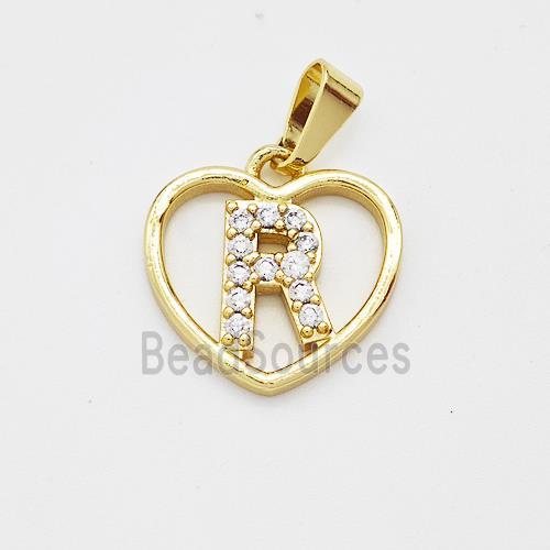 Copper Heart Pendant Pave Zirconia Letter-R Gold Plated