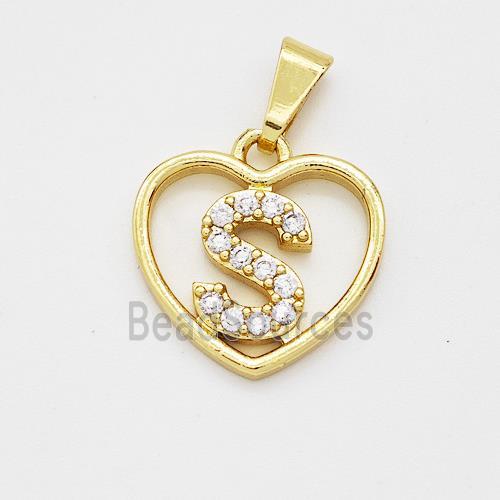 Copper Heart Pendant Pave Zirconia Letter-S Gold Plated