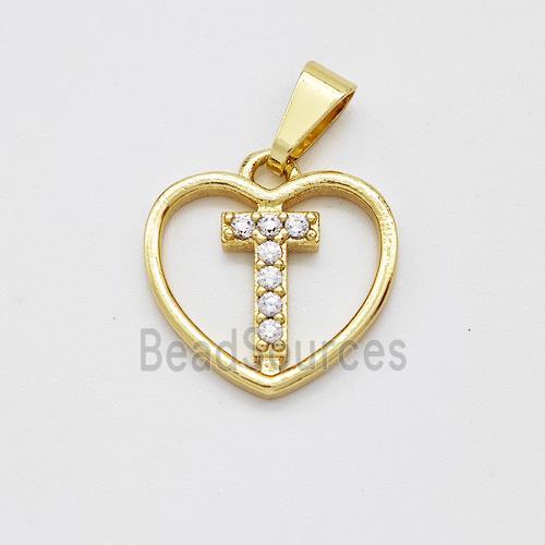 Copper Heart Pendant Pave Zirconia Letter-T Gold Plated