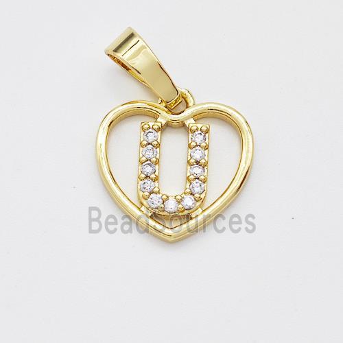 Copper Heart Pendant Pave Zirconia Letter-U Gold Plated