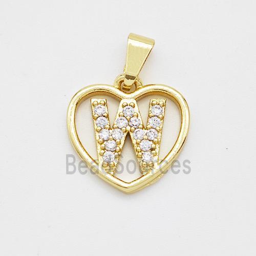 Copper Heart Pendant Pave Zirconia Letter-W Gold Plated