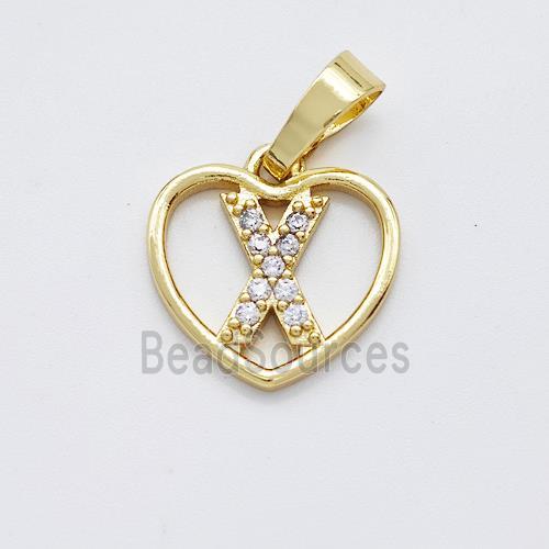 Copper Heart Pendant Pave Zirconia Letter-X Gold Plated