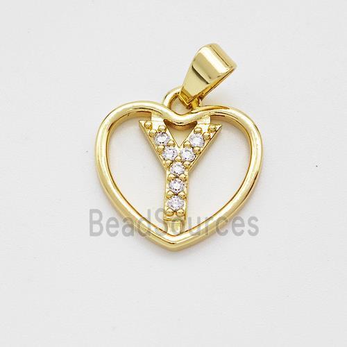 Copper Heart Pendant Pave Zirconia Letter-Y Gold Plated