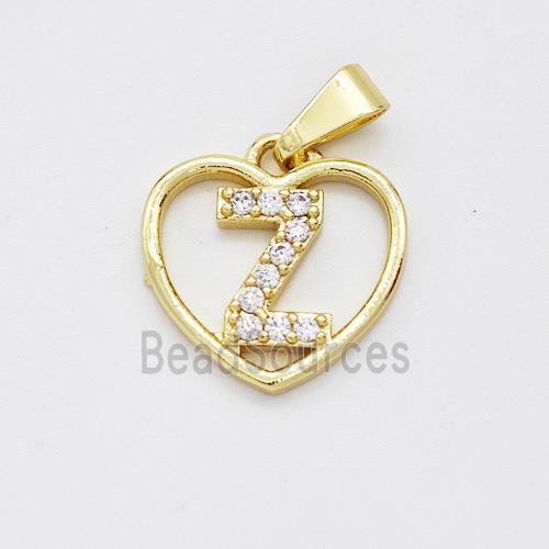 Copper Heart Pendant Pave Zirconia Letter-Z Gold Plated