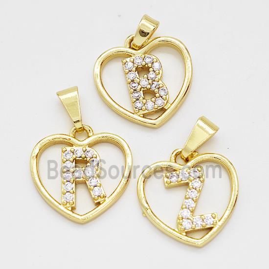 Copper Heart Alphabet Pendant Pave Zirconia Mix Letters Gold Plated