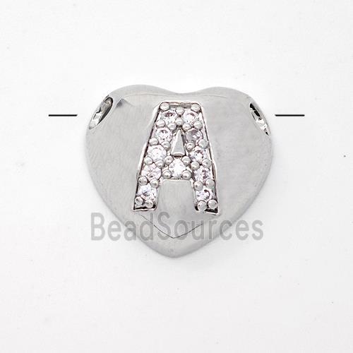 Copper Heart Pendant Pave Zirconia Letter-A Large Hole Platinum Plated