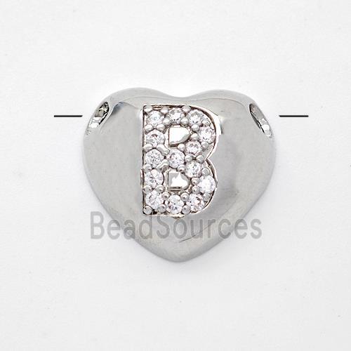 Copper Heart Pendant Pave Zirconia Letter-B Large Hole Platinum Plated