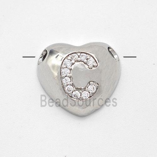 Copper Heart Pendant Pave Zirconia Letter-C Large Hole Platinum Plated