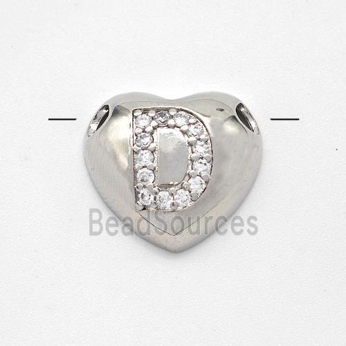 Copper Heart Pendant Pave Zirconia Letter-D Large Hole Platinum Plated