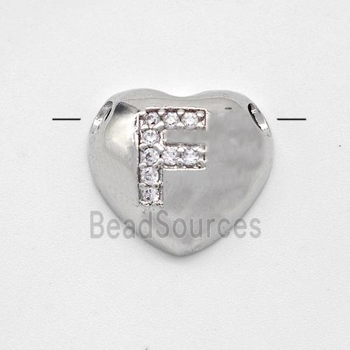 Copper Heart Pendant Pave Zirconia Letter-F Large Hole Platinum Plated