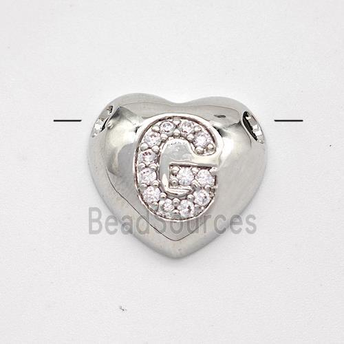 Copper Heart Pendant Pave Zirconia Letter-G Large Hole Platinum Plated