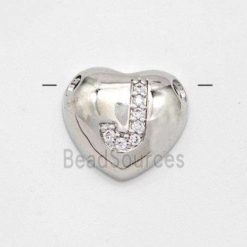 Copper Heart Pendant Pave Zirconia Letter-J Large Hole Platinum Plated