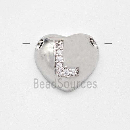 Copper Heart Pendant Pave Zirconia Letter-L Large Hole Platinum Plated