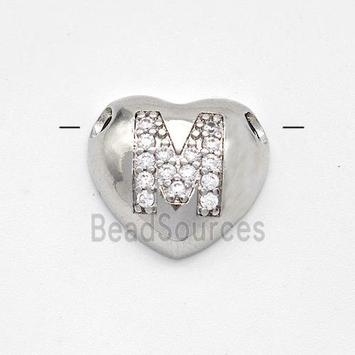 Copper Heart Pendant Pave Zirconia Letter-M Large Hole Platinum Plated