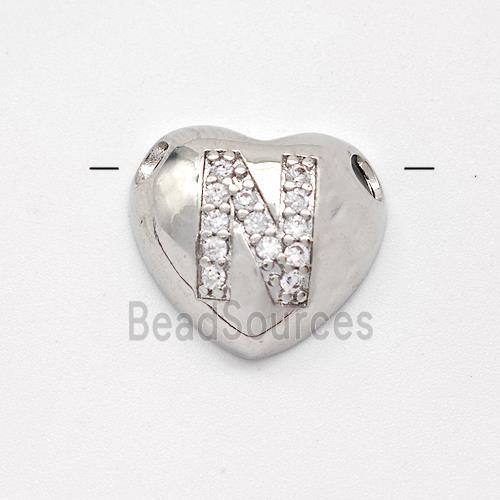 Copper Heart Pendant Pave Zirconia Letter-N Large Hole Platinum Plated