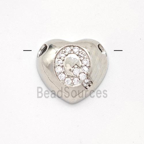 Copper Heart Pendant Pave Zirconia Letter-Q Large Hole Platinum Plated